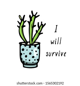 Vector card with hand drawn succulent in painted pot. Ink drawing, graphic style. Beautiful design elements.