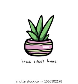 Vector card with hand drawn succulent in painted pot. Ink drawing, graphic style. Beautiful design elements.
