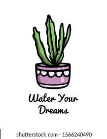 Vector card with hand drawn succulent in painted pot. Ink drawing, graphic style. Beautiful design elements.