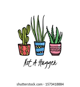 Vector card with hand drawn succulents in painted pots. Ink drawing, graphic style. Beautiful design elements.