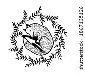 Vector card with hand drawn sweet sleeping fox in floral wreath made in linocut style. Beautiful animals design elements, ink drawing. 