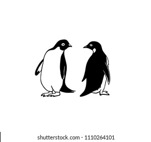 Vector card with hand drawn sweet penguins. Cute penguin characters, beautiful animal design elements, perfect for logo design