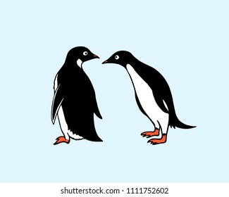 Vector card with hand drawn sweet penguins. Cute penguin characters, beautiful animal design elements, perfect for logo design