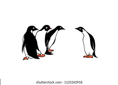 Vector card with hand drawn sweet penguins trio. Cute penguin characters, beautiful animal design elements, perfect for logo design
