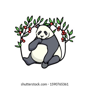 Vector card with hand drawn sweet panda in floral wreath. Ink drawing, beautiful animal design elements. Logo template