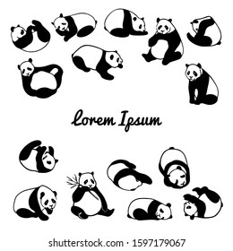 Vector card with hand drawn sweet pandas. Ink drawing, beautiful animal design elements.