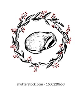 Vector card with hand drawn sweet sleeping badger in floral wreath made with ink. Perfect design elements, animal illustration