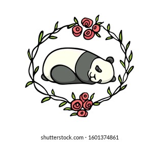 Vector card with hand drawn sweet sleeping panda in floral wreath. Ink drawing, beautiful animal design elements. Logo template