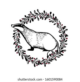 Vector card with hand drawn sweet badger in floral wreath made with ink. Perfect design elements, animal illustration