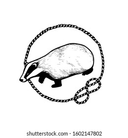 Vector card with hand drawn sweet badger in nautical rope frame made with ink. Perfect animal design elements, logo template