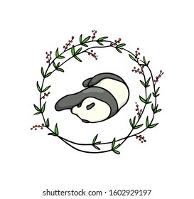 Vector card with hand drawn sweet panda in floral wreath. Ink drawing, beautiful animal design elements. Logo template