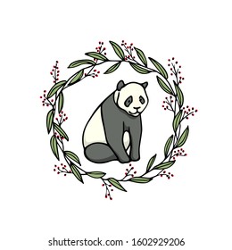 Vector card with hand drawn sweet panda in floral wreath. Ink drawing, beautiful animal design elements. Logo template