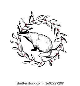 Vector card with hand drawn sweet badger in floral wreath made with ink. Perfect design elements, animal illustration
