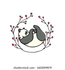Vector card with hand drawn sweet panda in floral wreath. Ink drawing, beautiful animal design elements. Logo template