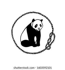Vector card with hand drawn sweet panda in nautical rope frame. Ink drawing, beautiful animal design elements. Logo template