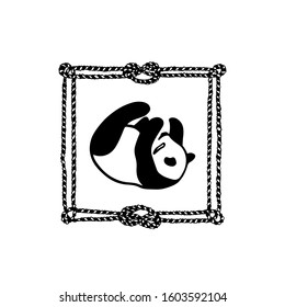 Vector card with hand drawn sweet panda in nautical rope frame. Ink drawing, beautiful animal design elements. Logo template