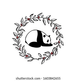 Vector card with hand drawn sweet panda in floral wreath. Ink drawing, beautiful animal design elements. Logo template