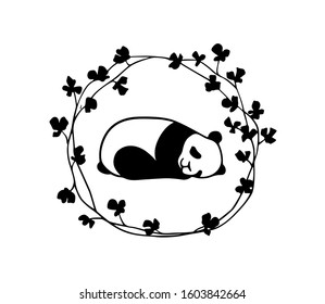 Vector card with hand drawn sweet panda in floral wreath. Ink drawing, beautiful animal design elements. Logo template