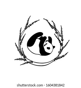 Vector card with hand drawn sweet panda in floral wreath. Ink drawing, beautiful animal design elements. Logo template