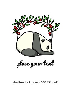 Vector card with hand drawn sweet panda in floral wreath. Ink drawing, beautiful animal design elements. Logo template