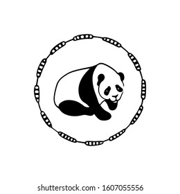 Vector card with hand drawn sweet panda in abstract frame. Ink drawing, beautiful animal design elements. Logo template