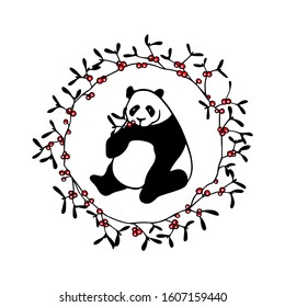 Vector card with hand drawn sweet panda in floral wreath. Ink drawing, beautiful animal design elements. Logo template