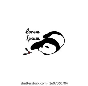 Vector card with hand drawn sweet resting panda with red berry branch next to it. Ink drawing, beautiful animal design elements. 