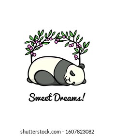 Vector card with hand drawn sweet sleeping panda in floral wreath. Ink drawing, beautiful animal design elements. 