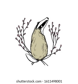 Vector card with hand drawn sweet badger in floral wreath made with ink. Perfect design elements, animal illustration