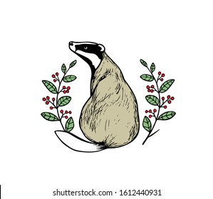 Vector card with hand drawn sweet badger in floral wreath made with ink. Perfect design elements, animal illustration