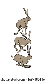 Vector card with hand drawn sweet hares in a hurry. Perfect design elements, beautiful animal illustration, ink drawing