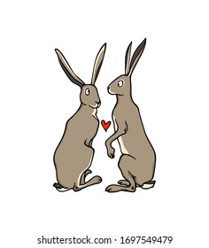 Vector card with hand drawn sweet hares in love. Perfect romantic design elements, beautiful animal illustration, ink drawing