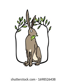 Vector card with hand drawn sweet sitting hare in floral wreath. Perfect design elements, beautiful animal illustration, ink drawing