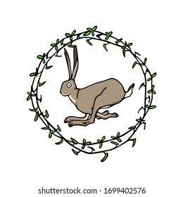 Vector card with hand drawn sweet jumping hare in floral wreath. Perfect design elements, beautiful animal illustration, ink drawing