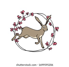 Vector card with hand drawn sweet jumping hare in blooming spring wreath. Perfect design elements, beautiful animal illustration, ink drawing