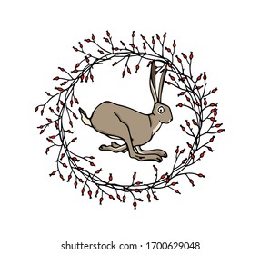 Vektorillustration-Karte mit handgezeichnetem, süßem Springhase im blumengeschmückten Friseur. Perfekte Design-Elemente, schöne Tiergrafik, Farbzeichnung