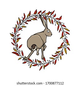 Vector card with hand drawn sweet sitting hare in floral leafy wreath. Perfect design elements, beautiful animal illustration, ink drawing