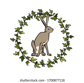 Vector Card With Hand Drawn Sweet Sitting Hare In Floral Wreath Of English Ivy. Perfect Design Elements, Beautiful Animal Illustration, Ink Drawing