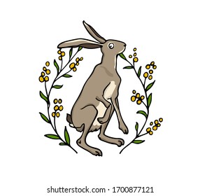 Vector card with hand drawn sweet sitting hare in blooming spring wreath. Perfect design elements, beautiful animal illustration, ink drawing