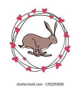 Tarjeta vectorial con liebre saltante dulce dibujada a mano en corazones flaqueados. Elementos de diseño perfectos, bella ilustración animal, dibujo de tinta