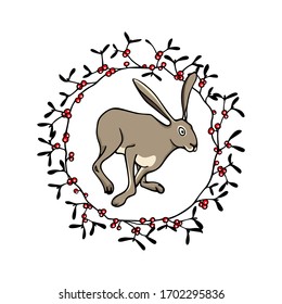 Vector card with hand drawn sweet sitting hare in floral wreath with red berries. Perfect design elements, beautiful animal illustration, ink drawing