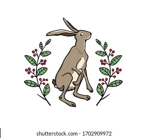 Vector card with hand drawn sweet sitting hare in floral wreath. Perfect design elements, beautiful animal illustration, ink drawing