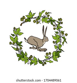 Tarjeta vectorial con liebre saltante dulce dibujada a mano en corona de lazo verde con conos de lúpulo. Elementos de diseño perfectos, bella ilustración animal, dibujo de tinta