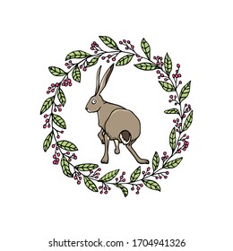 Vector card with hand drawn sweet timid hare in floral wreath. Perfect design elements, beautiful animal illustration, ink drawing