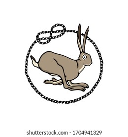 Vector card with hand drawn sweet jumping hare in nautical rope frame. Perfect design elements, beautiful animal illustration, ink drawing