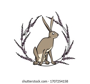 Vector card with hand drawn sweet sitting hare in floral wreath. Perfect design elements, beautiful animal illustration, ink drawing