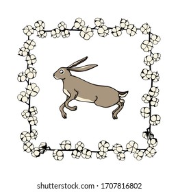 Vector card with hand drawn sweet hare in cotton flowers wreath. Perfect design elements, beautiful animal illustration, ink drawing