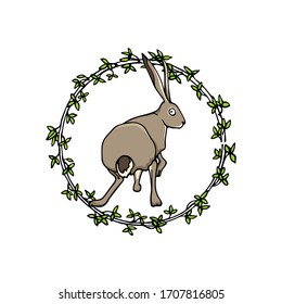 Vector card with hand drawn sweet sitting hare in floral wreath of green leaves. Perfect design elements, beautiful animal illustration, ink drawing