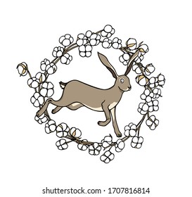 Vector card with hand drawn sweet hare in cotton flowers wreath. Perfect design elements, beautiful animal illustration, ink drawing