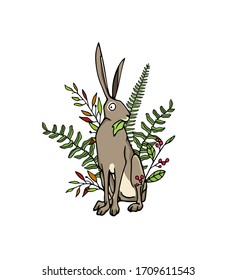 Vector card with hand drawn sweet sitting hare in floral forest wreath. Perfect design elements, beautiful animal illustration, ink drawing